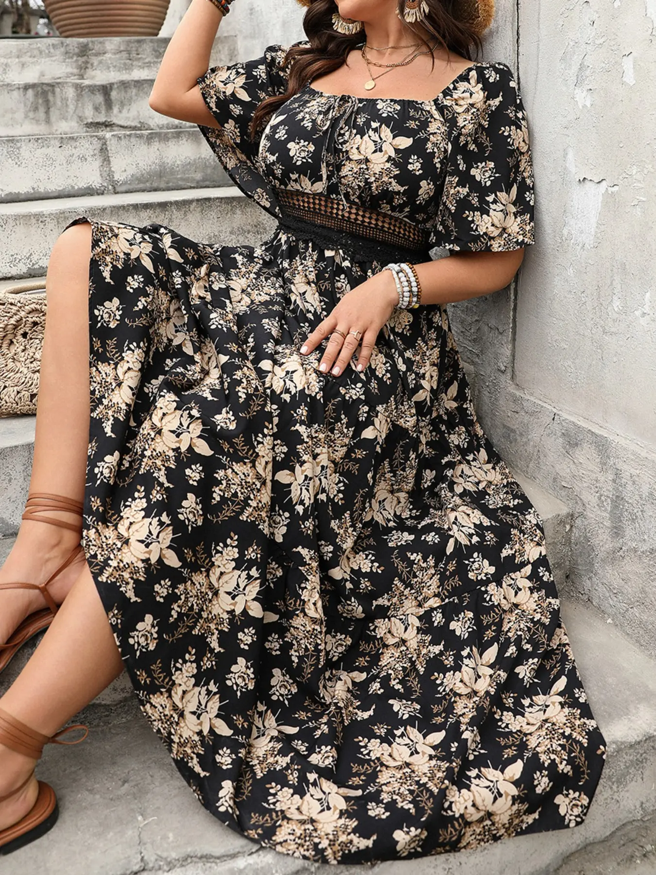 Vintage Square Neck Printed Plus Size Short Sleeve Dress, Waist Mesh Patch, Boho Style, Slim-Fitting, Ditsy Floral Pattern