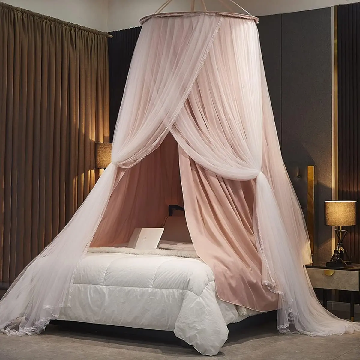 Luxurious Bed Canopy with Lace Netting - Double Layer Princess Look Bedroom Decor for Queen/King Size Beds, Round Dome Mosquito Net (Pink)