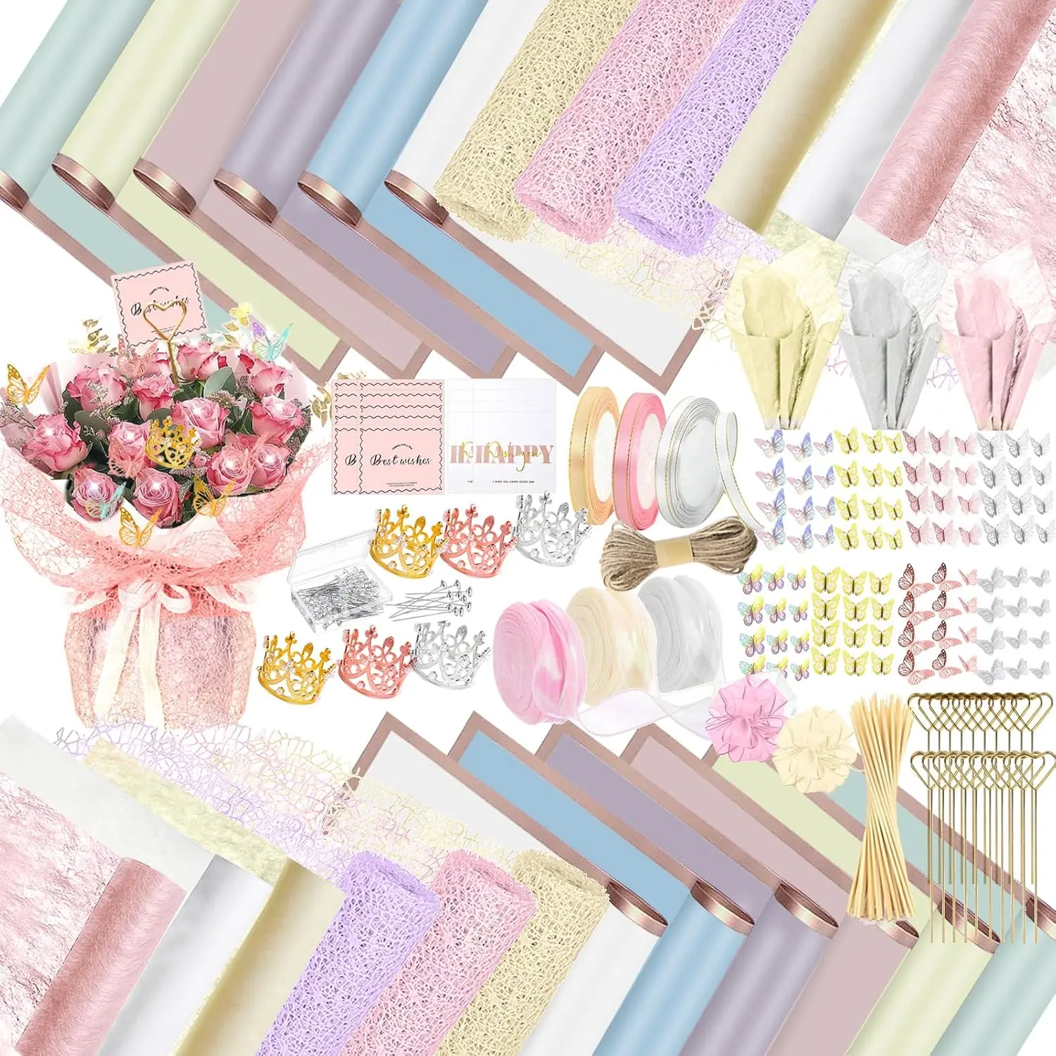 512 count Flower Wrapping Paper Kit with 120 Sheets  Floral Wrapping Paper  Butterfly Decor Crowns,Bouquet Pins Ribbons,DIY Crafts for Mother's Day Valentines Graduation Birthday