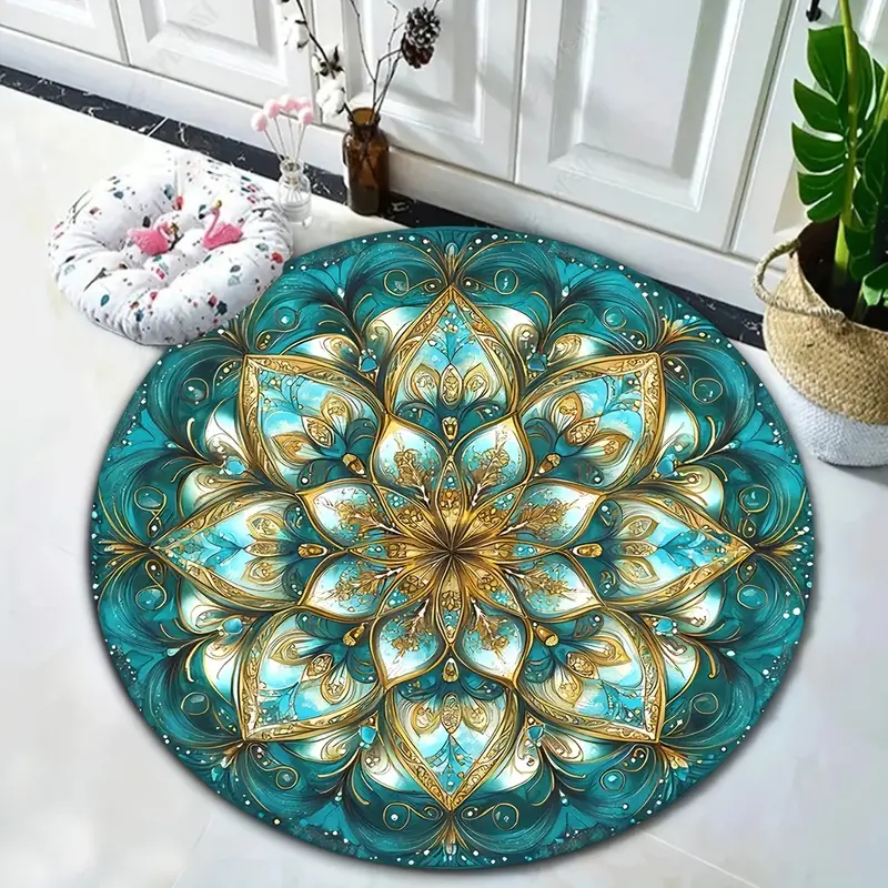 1pc Premium Flannel Rugs Mats Bohemian Style Green Mandala Round Rug - Non-Slip, Machine Washable, Suitable for Living Room and Bedroom Decor - Ideal for Home Decor Enthusiasts - The Perfect Housewarming Gift