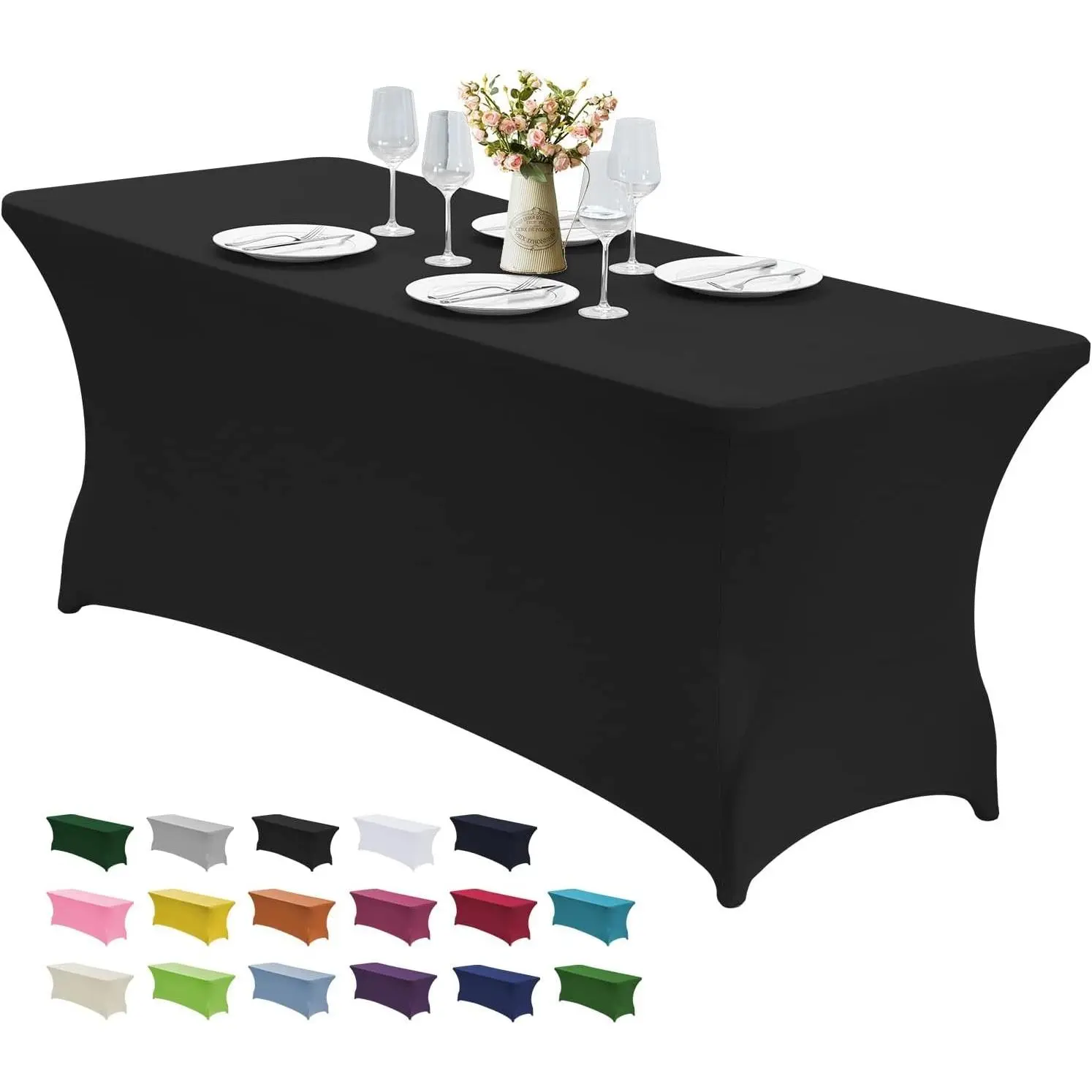 6FT Waterproof Stretch Spandex Table Cover for Rectangular Tables - Elastic Fitted Tablecloth for Folding Tables,Wrinkle Resistant Table Cloth for Parties, Weddings, Banquets & Events (Black)