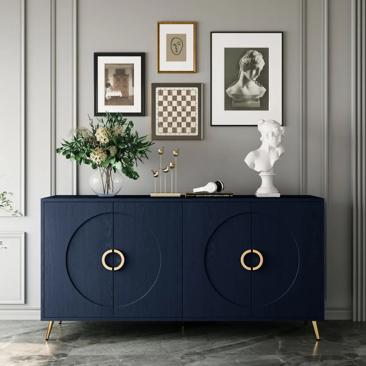 AobtkelModern Lacquered 4 Door Wooden Cabinet Sideboard Buffet Server Cabinet Storage Cabinet, for Living Room, Entryway, Hallway, Office, Kitchen and Dining Room, Navy Blue
