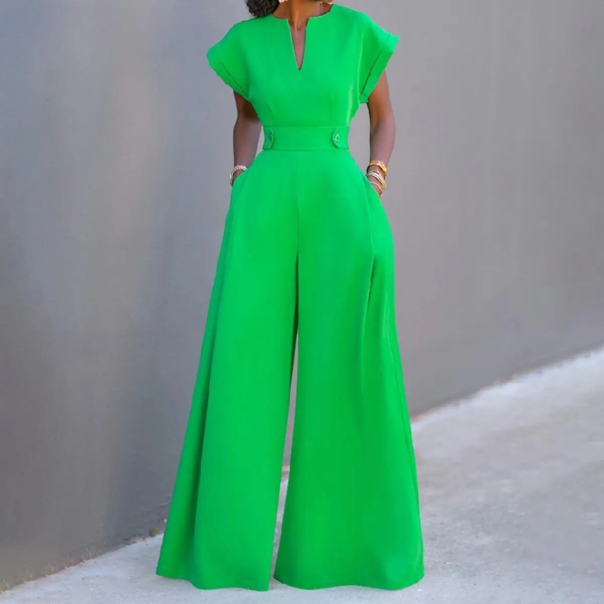 Women's Basic Overalls - Minimalist, Casual, Elegant Beach High-Waisted Wide-Leg Sleeveless V-Neck Fitted Waist-Cinched Solid Color Jumpsuit with Pockets, Zipper (Note: Sizes Run Small; Skirt-Dress Alternative),summervibes