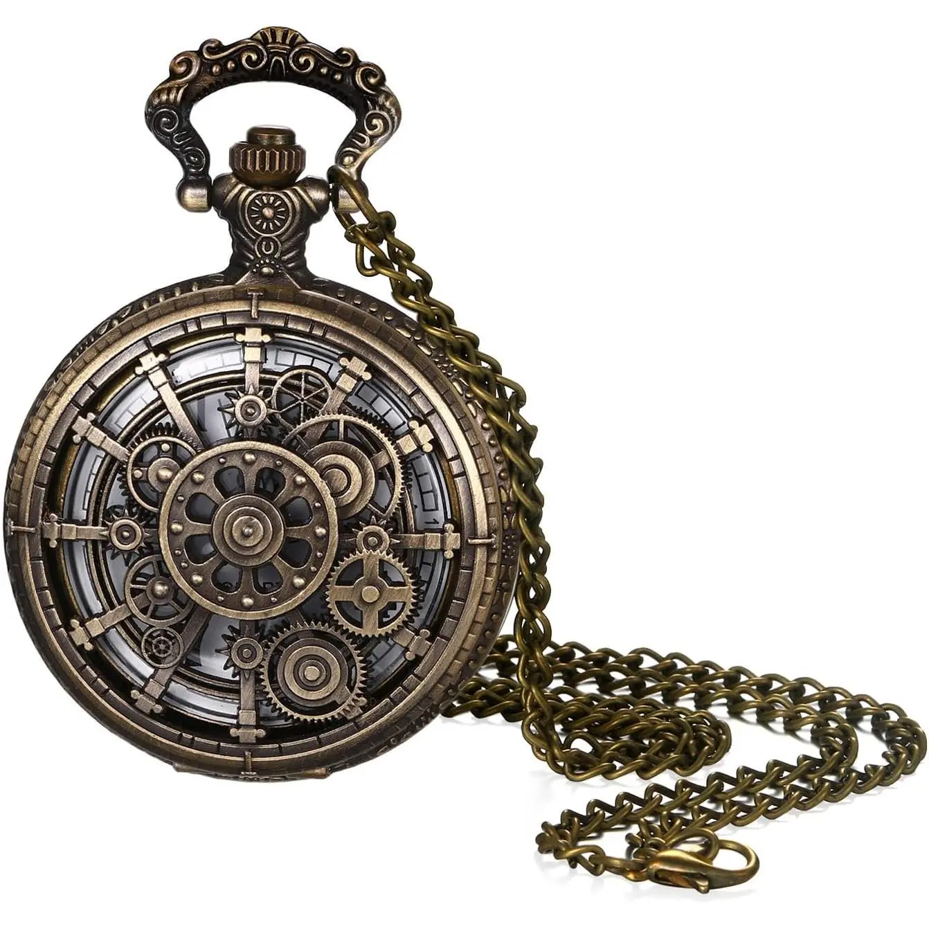 Unisex Steampunk Gear Pocket Watch - Retro Look, Gear Carving, Skeleton Arabic Numeral Dial, Embossed Hollow Fob Half Hunter Timepiece with Chain (Fashion Women's & Men's Accessory), Casual Events, Metal Casing