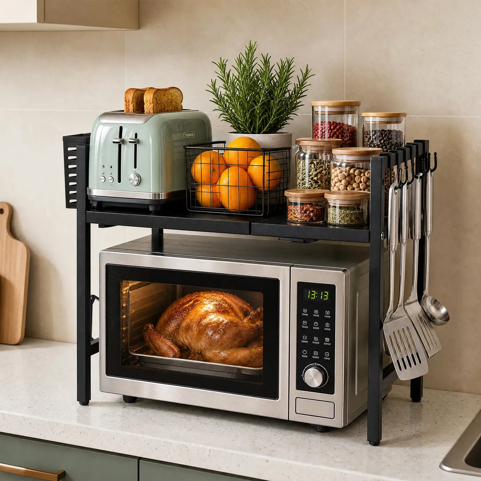Adjustable Black Metal Microwave Stand with Hooks – Expandable Single-Tier Kitchen Counter Shelf – Extendable Storage Rack Fits 15.7"–23.6" Wide – Space-Saving Organizer for Home Kitchens