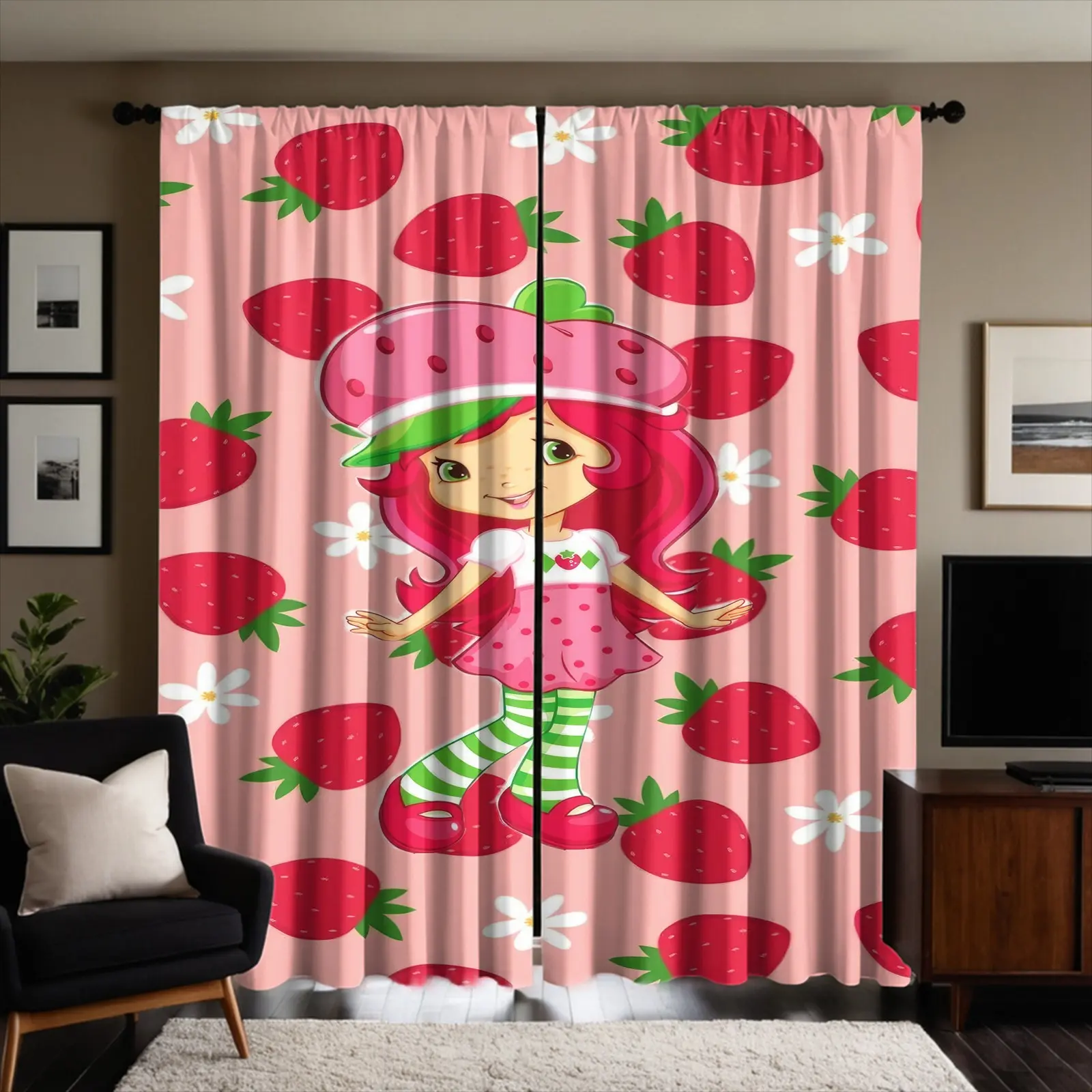 2pcs Strawberry Girl Printed Curtains, Decor With Cute Cartoon Character Patterns, Made Of Frosted Fabric, Semi Blackout Curtains (Taking Into Account Privacy Protection), Not Easy To Fade, Pole Style Design; Suitable For Bedroom And Living Room Decor
