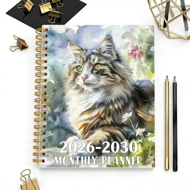 2026-2030 Monthly Custom Calendar - January 2026 to December 2030, 5-Year Monthly Custom Calendar, Kitten and Flower Cover Design Notebook, Yearly Custom Calendar, Month Tabs, 60-Month Calendar, 13.97 cm x 21.08 cm, 71 Sheets / 142 Pages of Thick Paper