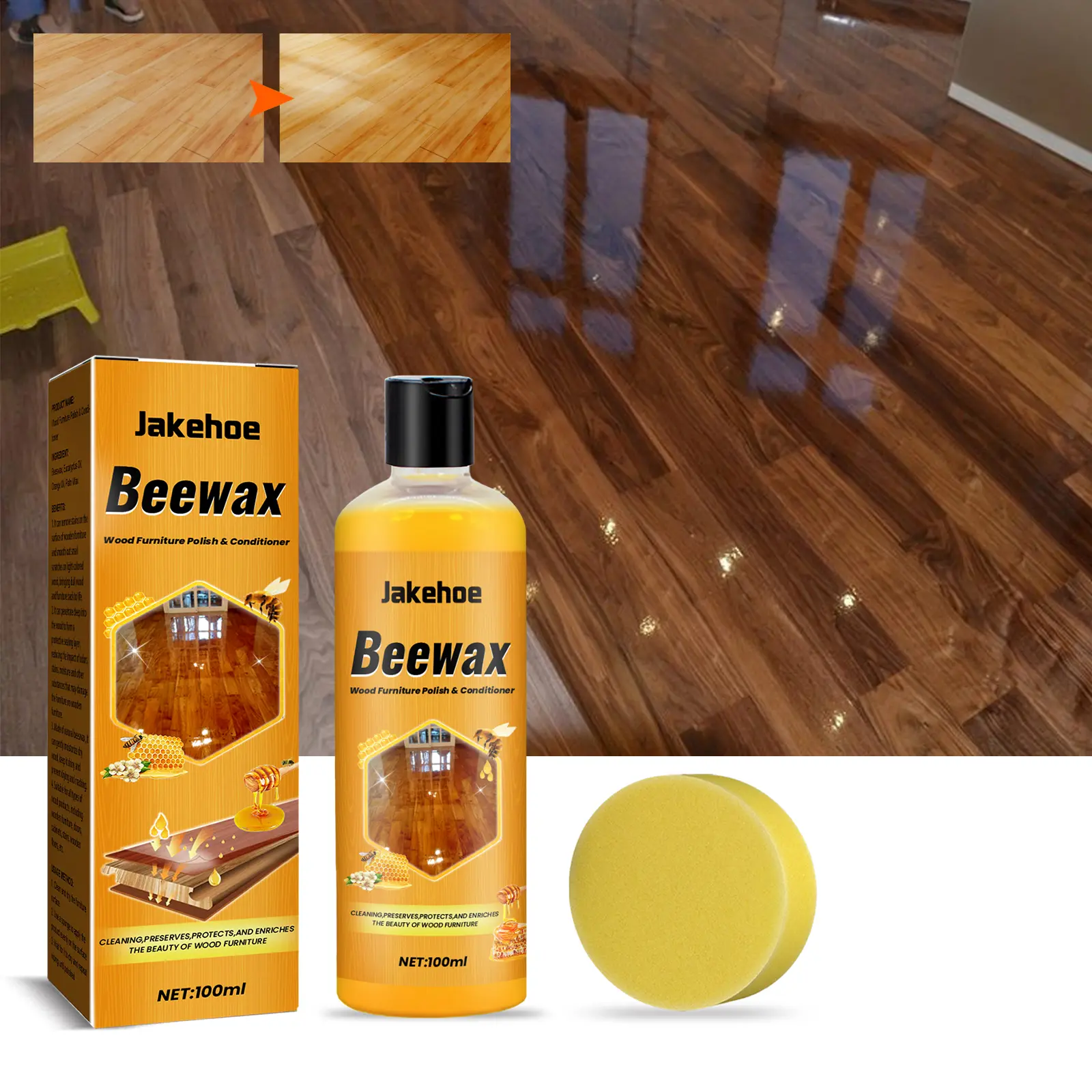 Jakehoe Natural Beewax Wood Furniture Polish & Conditioner - 100ml Natural Waxes Hardwood Floor Cleaner, Wood Cleaner, Shine & Protect Solution with Furniture Shine, Scratch Repair, Restorer & Application Sponge