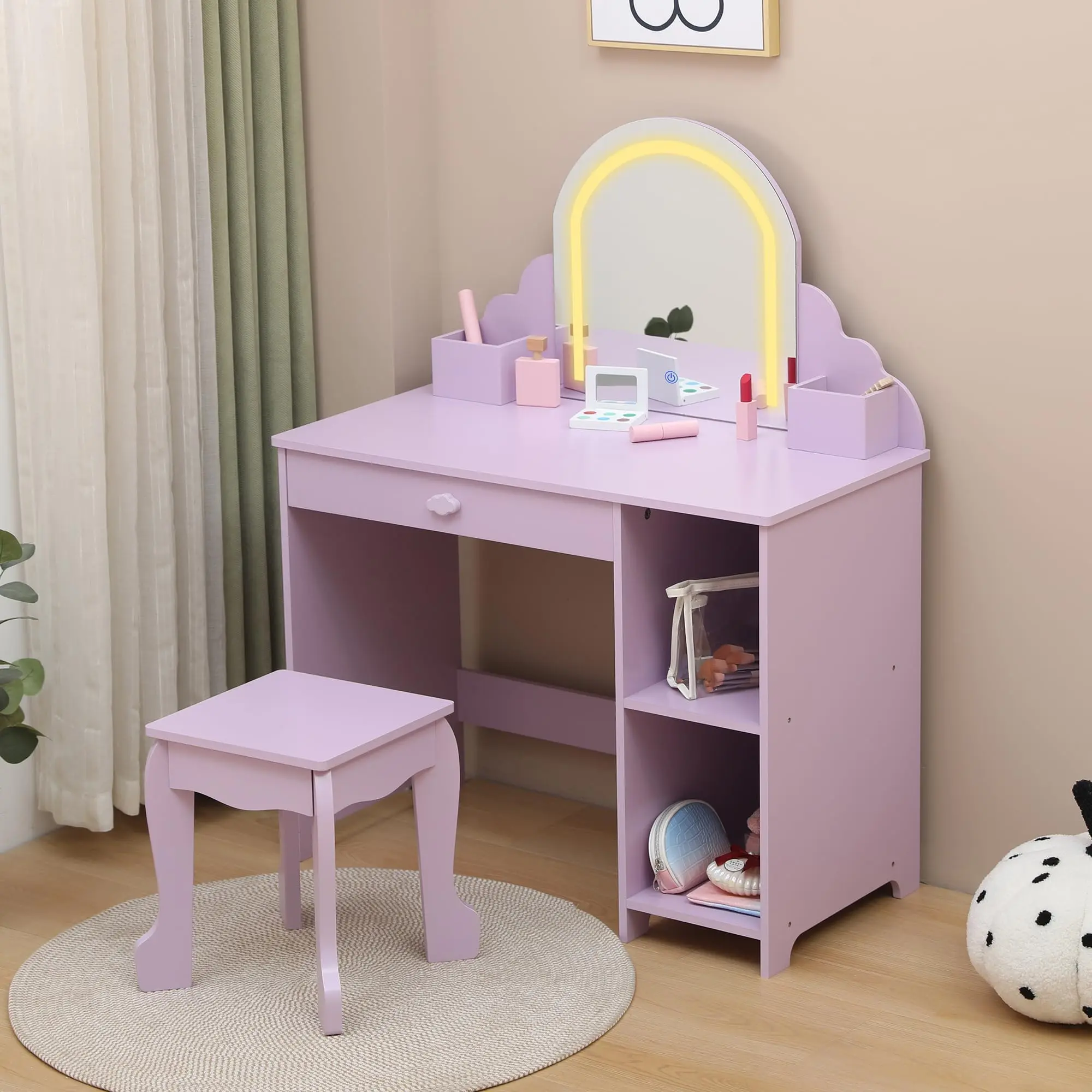Garvee Lighted Mirror Vanity Table Set – Wooden Makeup Playset with Adjustable LED Lights, Stool, Storage Drawers, and Princess Dressing Table in Purple for Bedroom