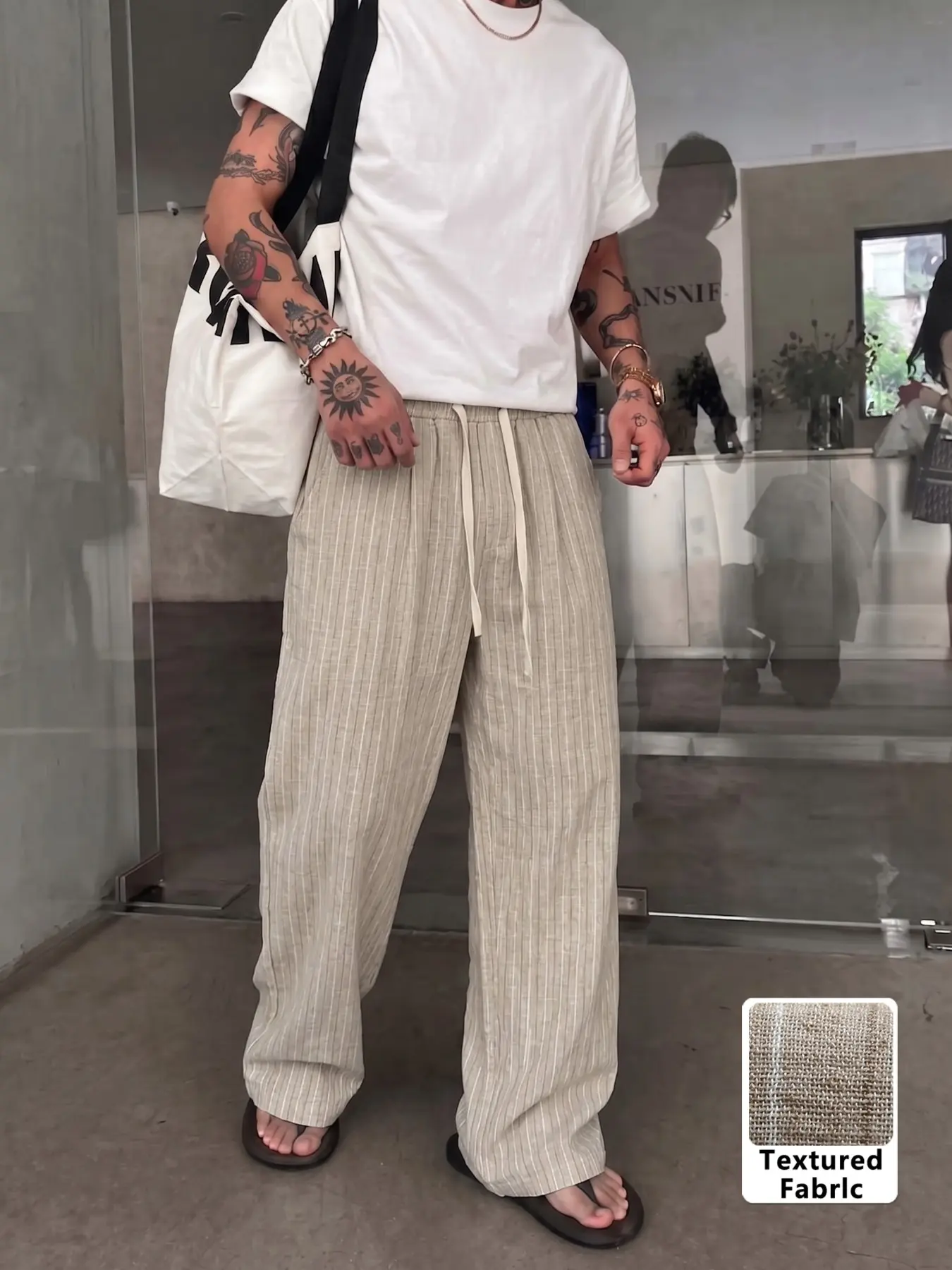 Men's Striped Linen Pants, Casual Elastic Waist Drawstring Wide Leg Trousers, Lightweight Summer Beach Pants with Pockets