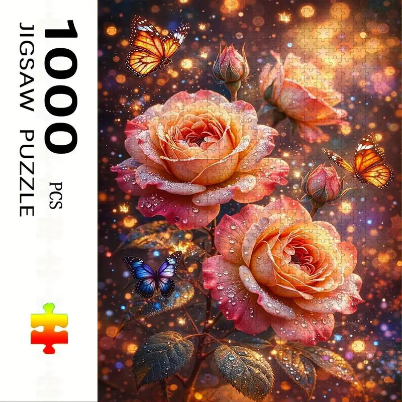 1000 Piece Glittering Rose and Butterfly Puzzle, Large Adult Family Interactive Toy, DIY Home Decor Brain Challenge, Perfect Gift