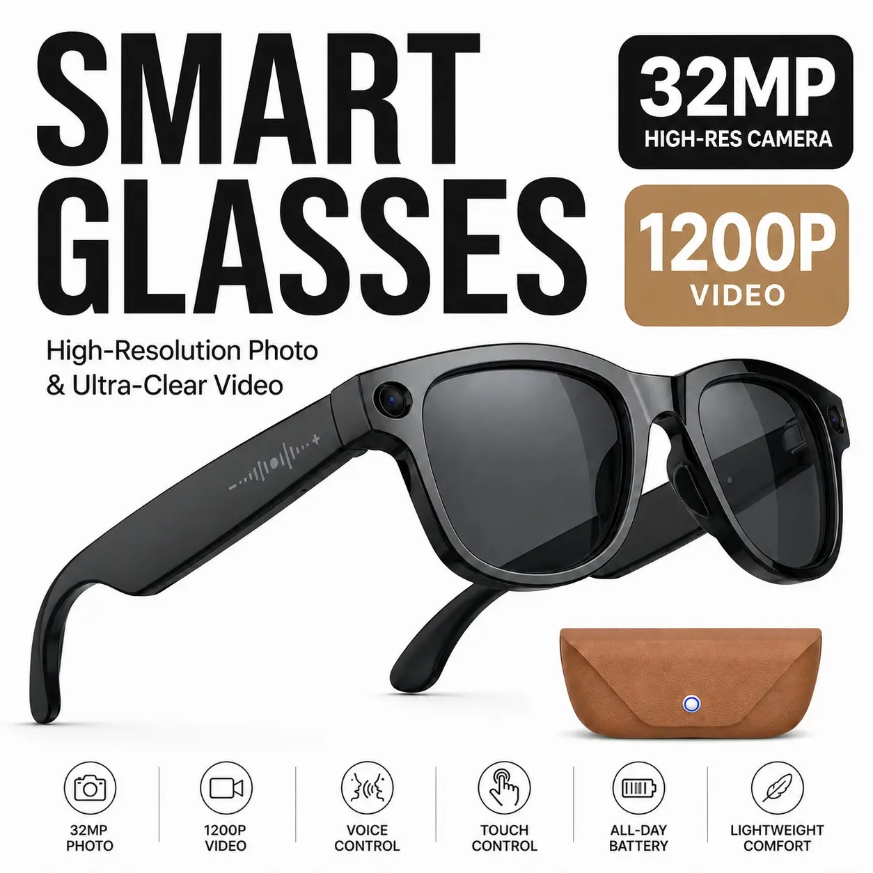 2026 Updated Multifunctional Wearable Smart Glasses, Open-Ear Immersive 3D Audio, 32MP photo 1200P Video Recording, Qwen ChatGPT AI Voice Wake-Up Translation, Dual Touch Physical Buttons, IP65 Dustproof Waterproof Sweatproof