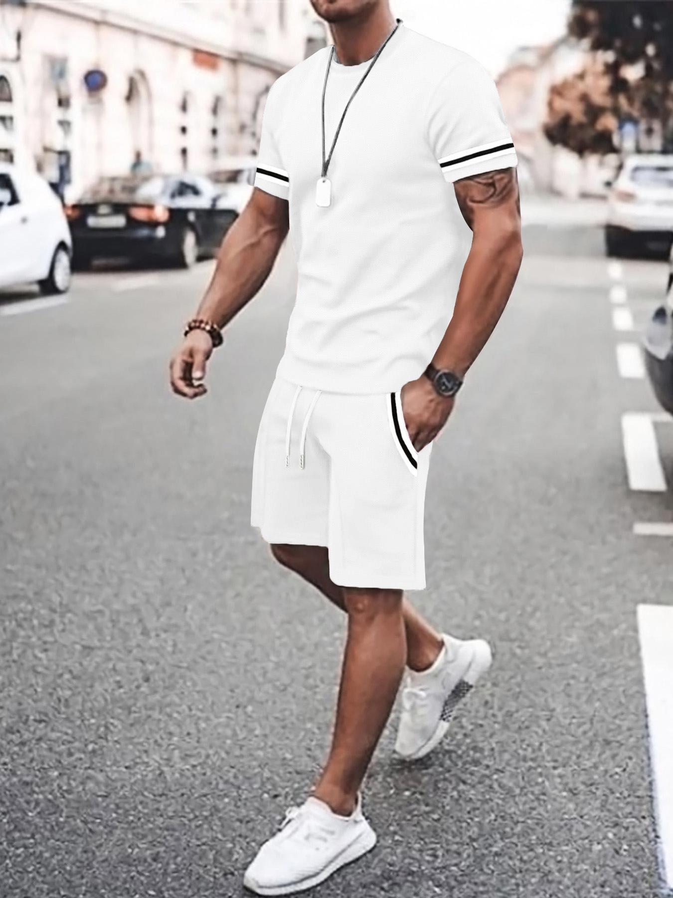 Two-Piece Set Men's Contrast Binding Tee & Drawstring Waist Shorts Set, Quality and Comfort Casual Short Sleeve Round Neck T-shirt & Pocket Track Shorts, Summer Outfits Clothes Set for Men Two-Piece Set Men's Contrast Binding Tee & Drawstring Waist Shorts Set, Quality and Comfort Casual Short Sleeve Round Neck T-shirt & Pocket Track Shorts, Summer Outfits Clothes Set for Men