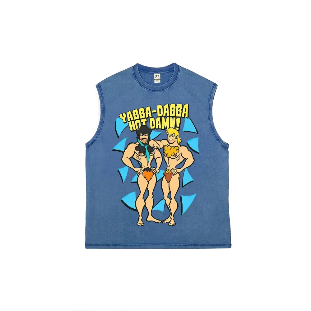 Men's Vintage Acid Wash Cotton Tank Top - Unisex, Loose Distressed Cut Off, Yabba-Dabba Hot Damn Muscular Caveman Cartoon Graphic, LGBTQ Pride 70s Retro Streetwear, Everyday Loungewear, Flannel Fabric Accents, Multiple Colors Available