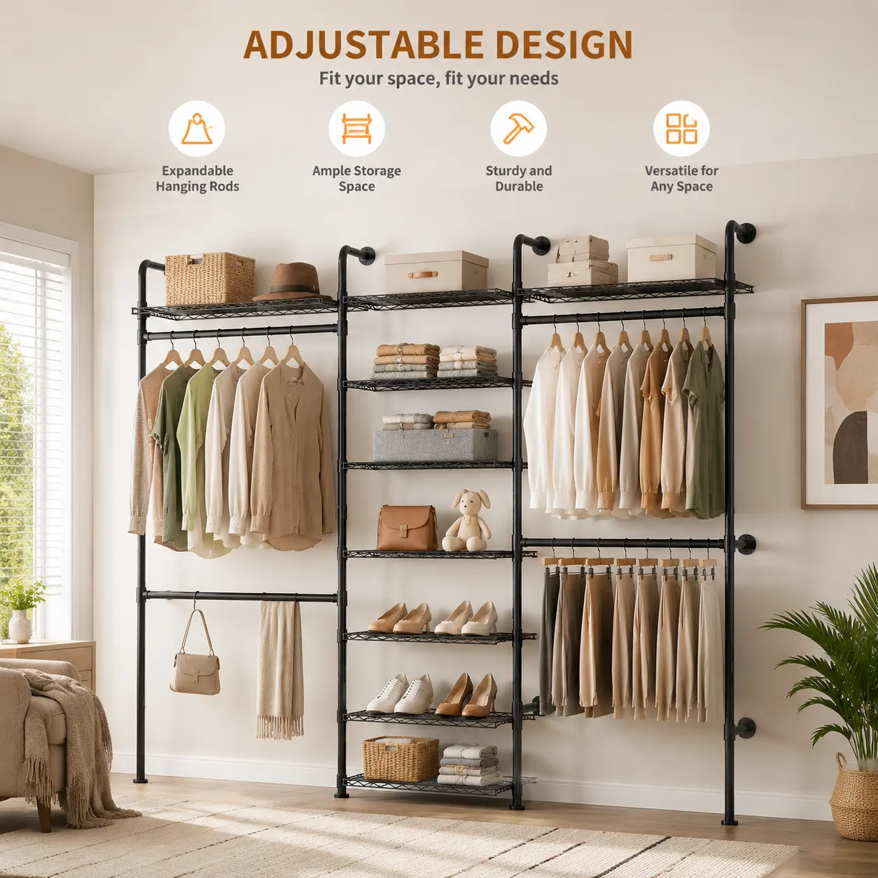 Wall Mounted Closet Organizer System – Expandable Carbon Steel Clothes Rack – 8 Adjustable Wire Shelves – Matte Black – Ideal for Closet Storage and Organization