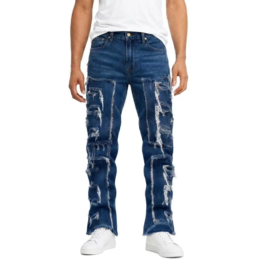 Men's Traditional Slim-Fit Classic Micro-Tassel Frayed Patch Jeans - Lightweight, Versatile Menswear Denim Trousers with Belt and Zipper