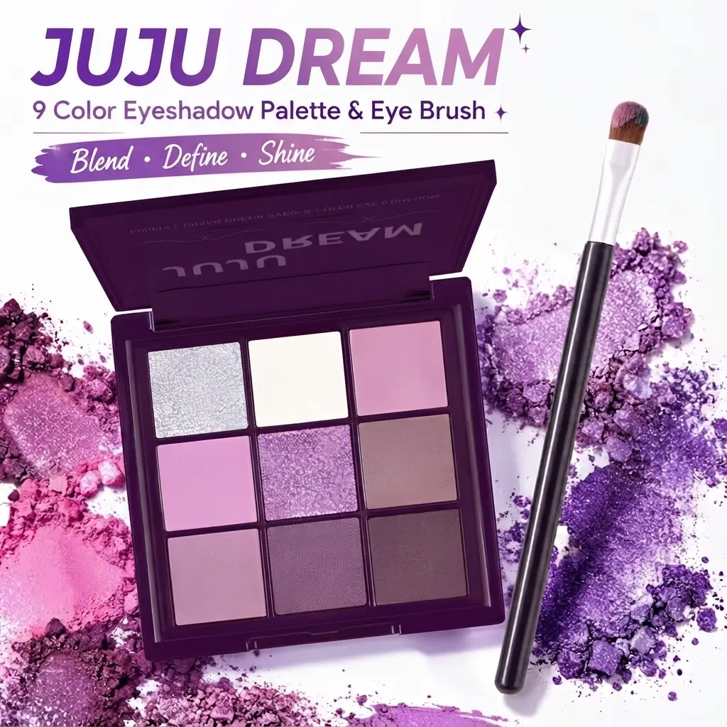 JUJU DREAM 9 Shades Purple Tone Eyeshadow Palette, Comes with a professional eyeshadow brush, finishes in one cool lavender purple system. Highly pigmented, ultra blendable powder with minimal fallout, long-lasting color payoff that won’t fade or crease.