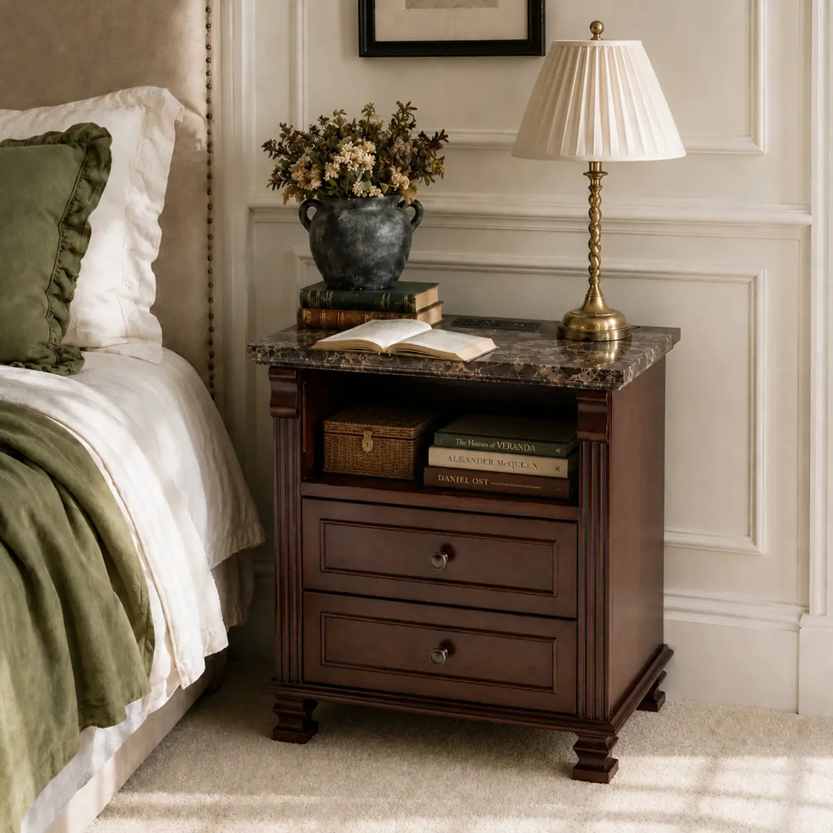 [Fahuac] Vintage Farmhouse Nightstand with Charging Station, 2-Drawer Walnut Bedside Table with 2 USB Ports and 2 AC Outlets for Bedroom Living Room.