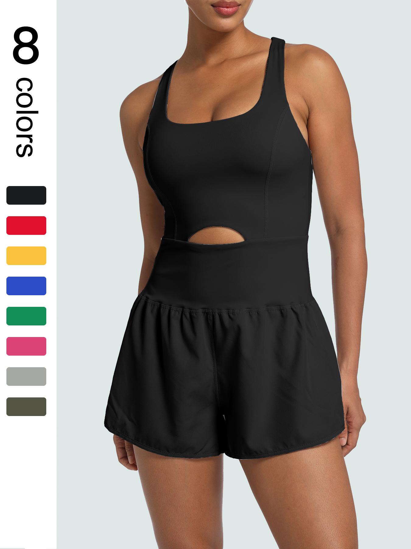 Women's Solid-Color Racerback Sports Romper, Athletic Workout Romper with Removable Chest Pads, High Waisted Romper, Casual Comfy Breathable Sleeveless Jumpsuit for Yoga, Gym and Workouts, Stretch Sportswear for All Seasons