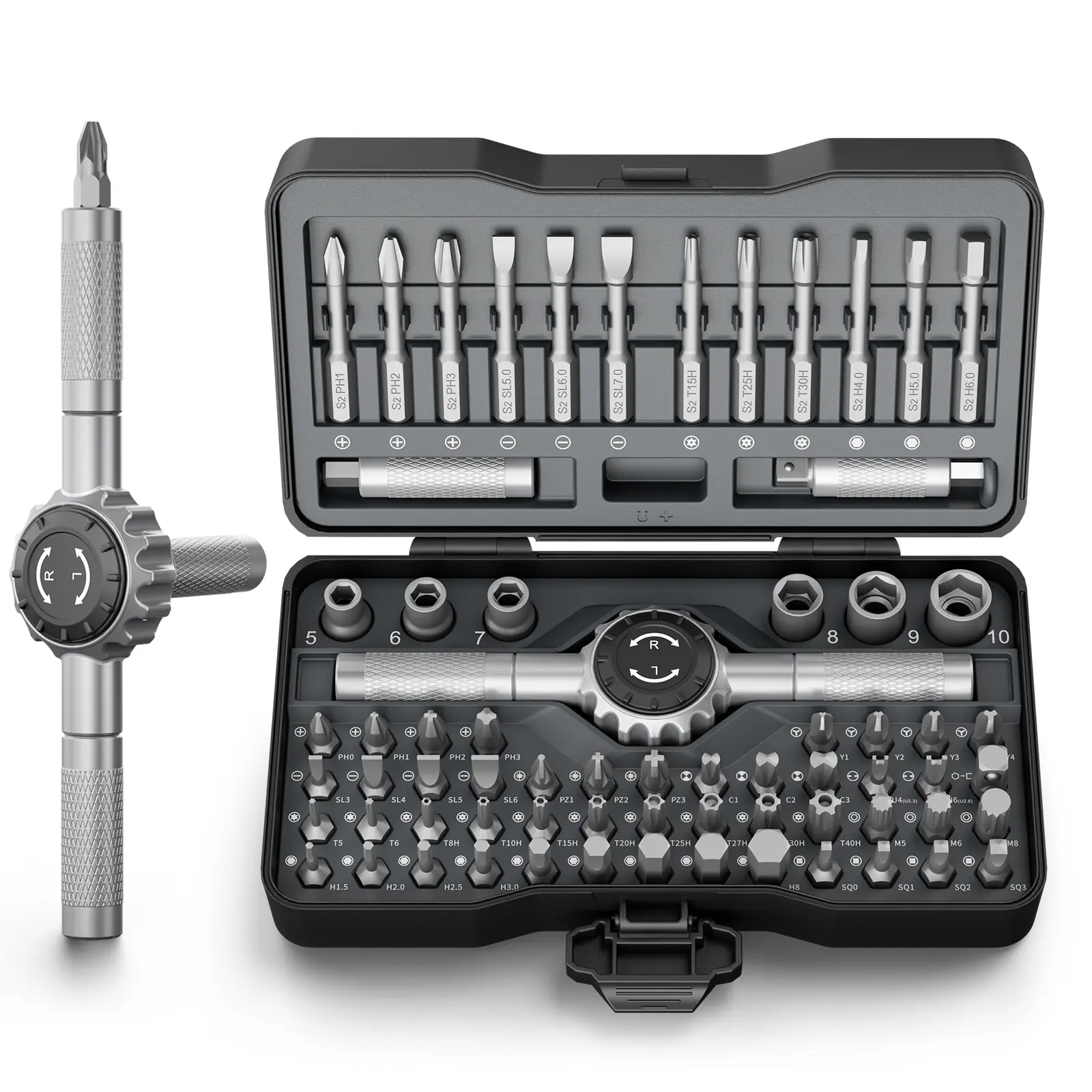 STREBITO Magnetic Ratchet Screwdriver 71 in 1 Set, T-Handle 72-Tooth Ratchet Driver, S2 Steel Bits Sockets & Four Extension Bit Holders, Versatile Repair Tool Kit for Home, Bike, Car Assembly & DIY
