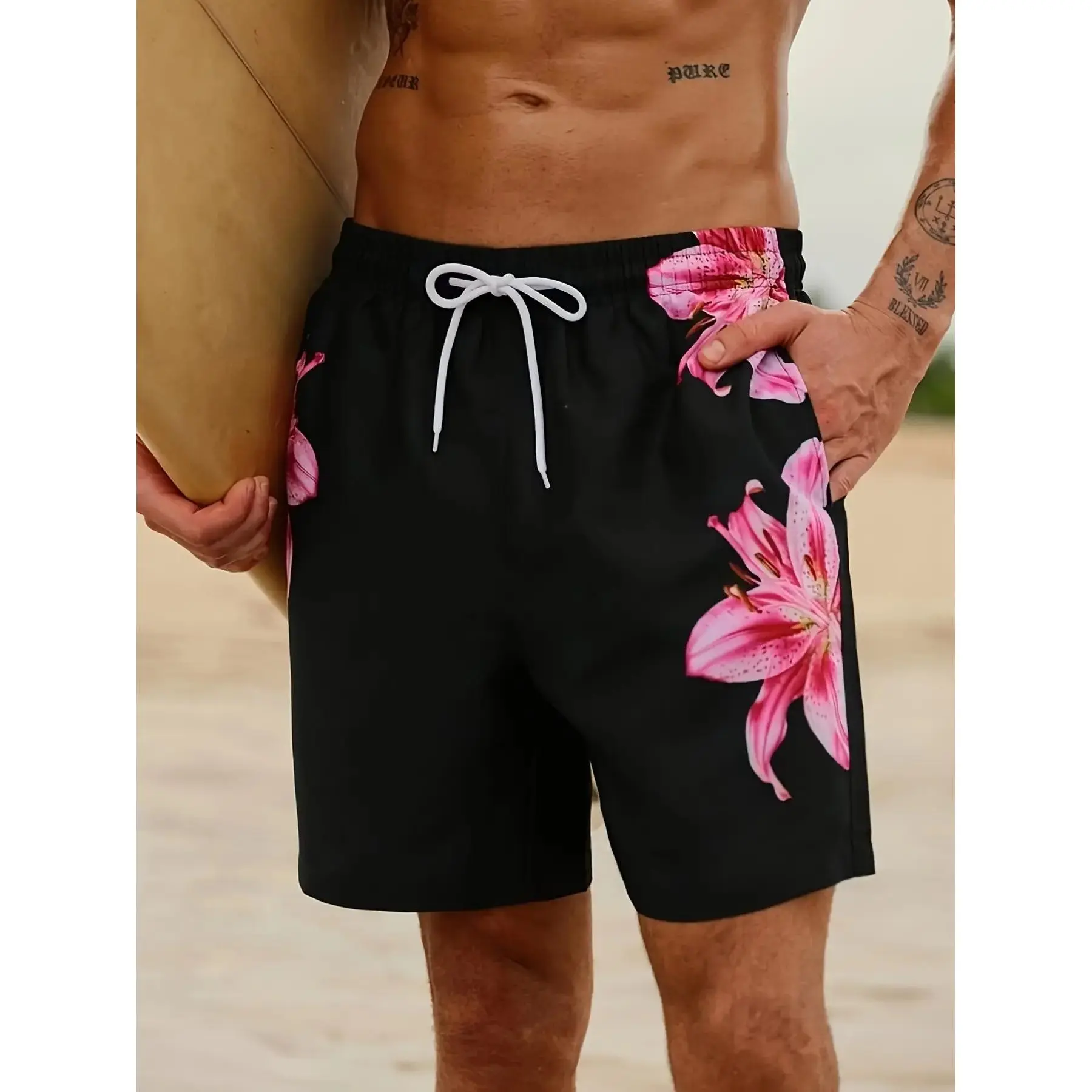 Men's Printed Beach Pants Summer Quick-Dry Casual Shorts, Floral Pattern Sportswear, Above the Knee H-Type Swim Trunks, Swimwear Shorts, Swimming Shorts