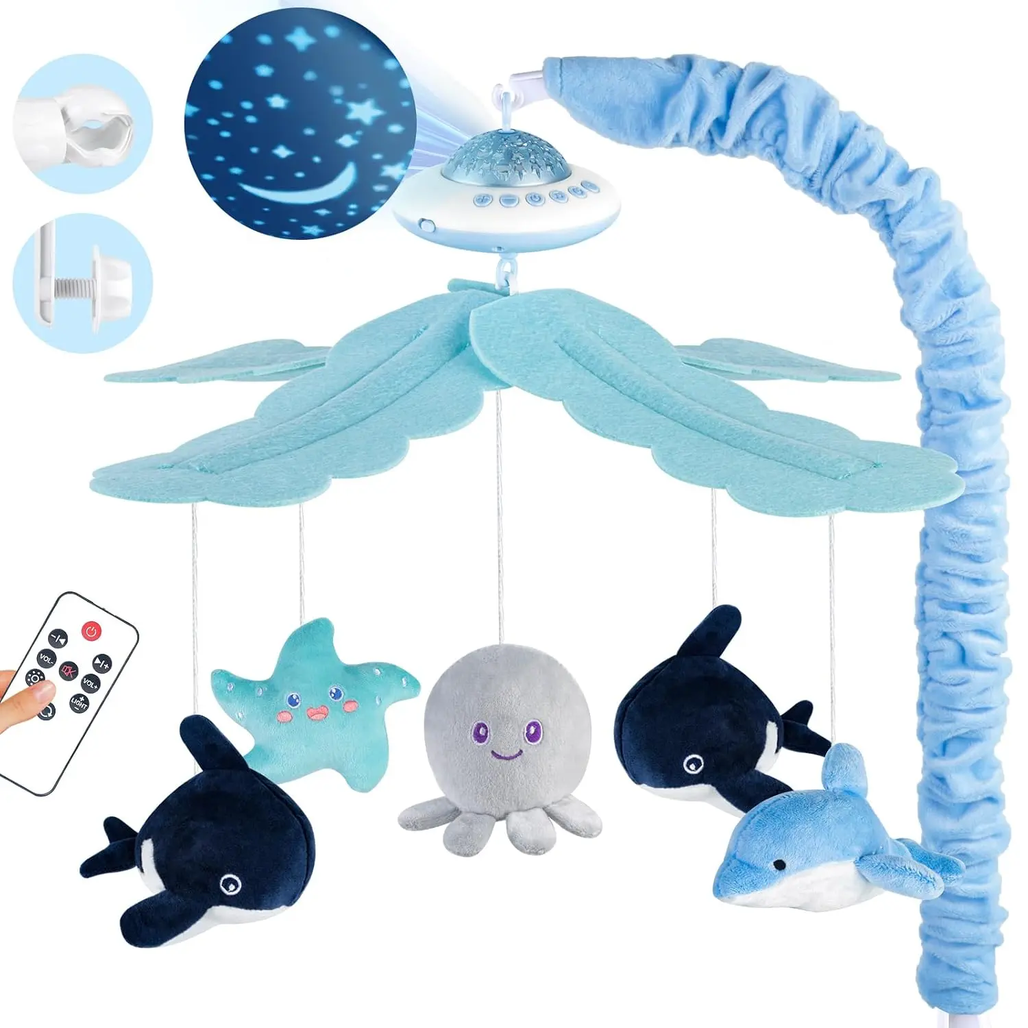 Baby Crib Mobile with Music and Lights, Nursery Baby Mobile for Crib Bassinet with Remote Control, Rotation, Starlight Projection, Crib Toys for Babies Boys Girls Blue