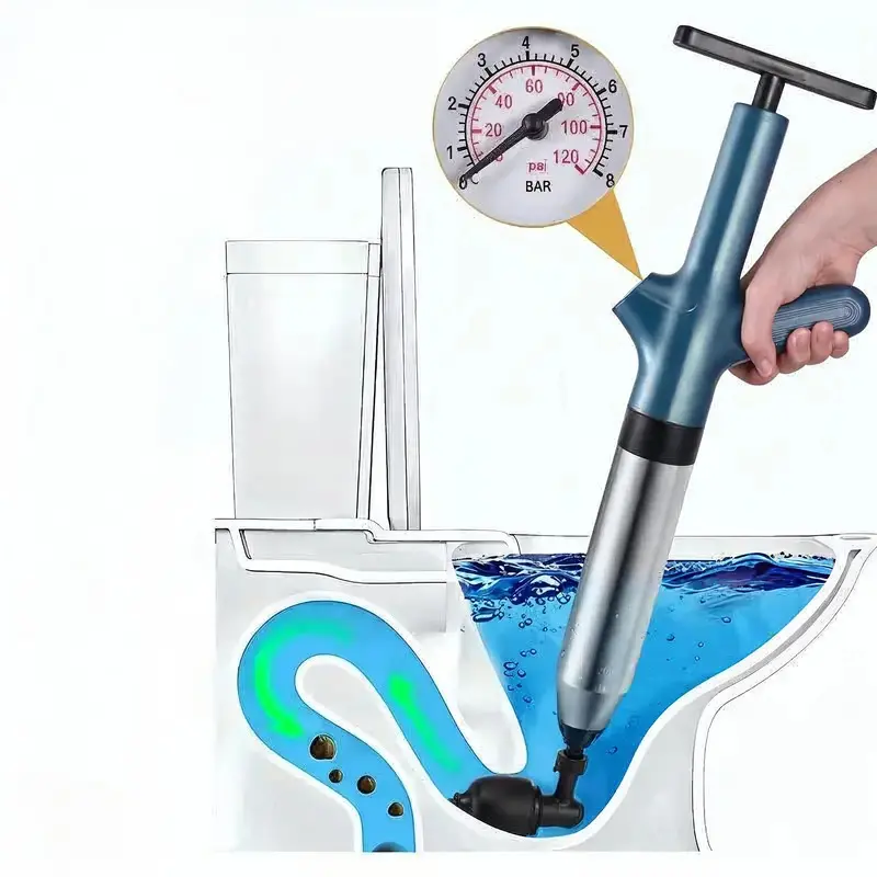 High Pressure Toilet Plunger Kit with Rubber Head, Stainless Steel Air Drain Blaster with Pressure Gauge, Heavy Duty Clog Remover for Toilet, Sink - Bathroom Gadgets