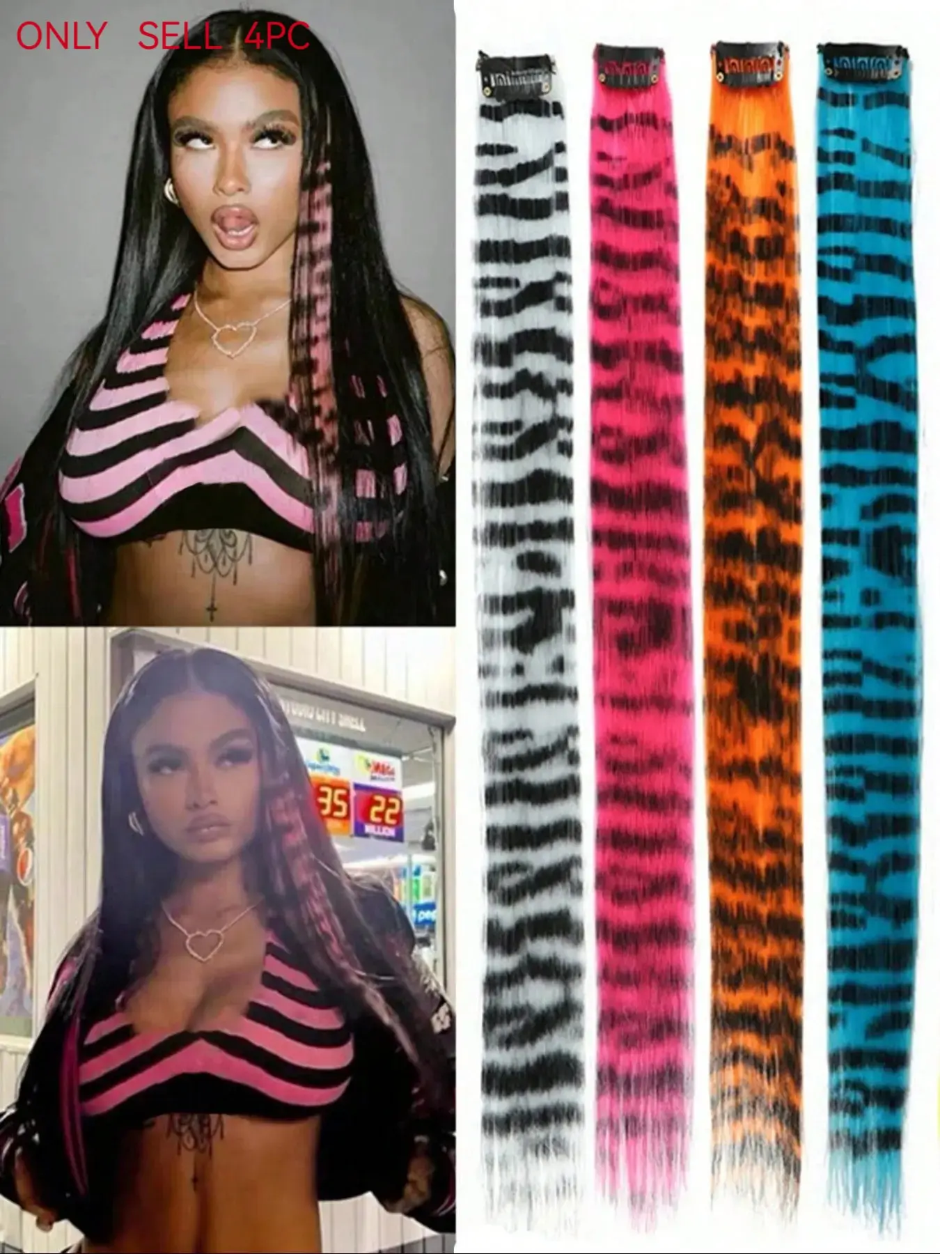 4 Piece Leopard Print Mixed Color Hair Extensions Y2K Street Style, Claw Clips, Clip-In Hair, Hair Slides, Hair Clamps, School Supplies, Synthetic Hairpiece, Synthetic Hair Pieces