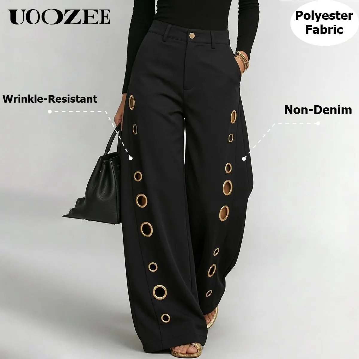 UOOZEE Women's Trousers, Modern High Waist Wide Leg in Polyester Spandex Fabric with Gold Eyelet Detail for Street Style & Party Wear, Accessories