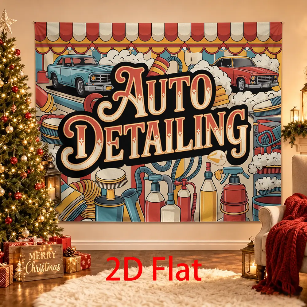 Vintage Auto Detailing Shop Backdrop with Classic Cars and Car Wash Tools