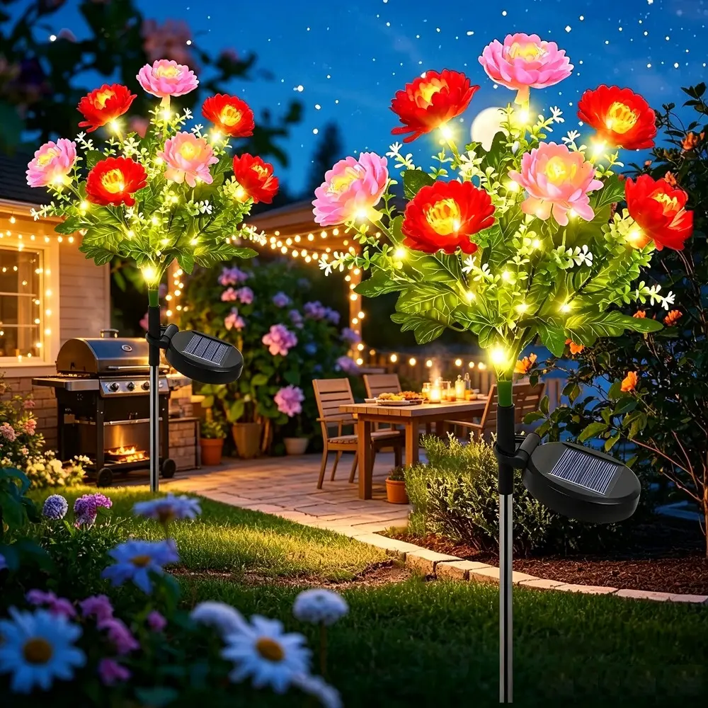 Solar Flowers Lights, 2 Pack Solar-Powered Outdoor Light with 14 Blooming Flowers, Waterproof Lights for Outside Yard, Garden, Pathway, Walkway, Patio, Lawn, Cemetery, Grave Decor