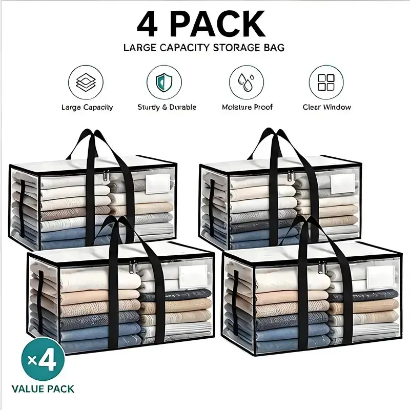 Clear Extra Large Moving Bags, Heavy-Duty Waterproof Storage Tote Bag with Reinforced Handles & Zippers, Transparent Organizer for Clothes, Bedding, Dorm, Moving (Clear - 88L) Clothing Storage Bags