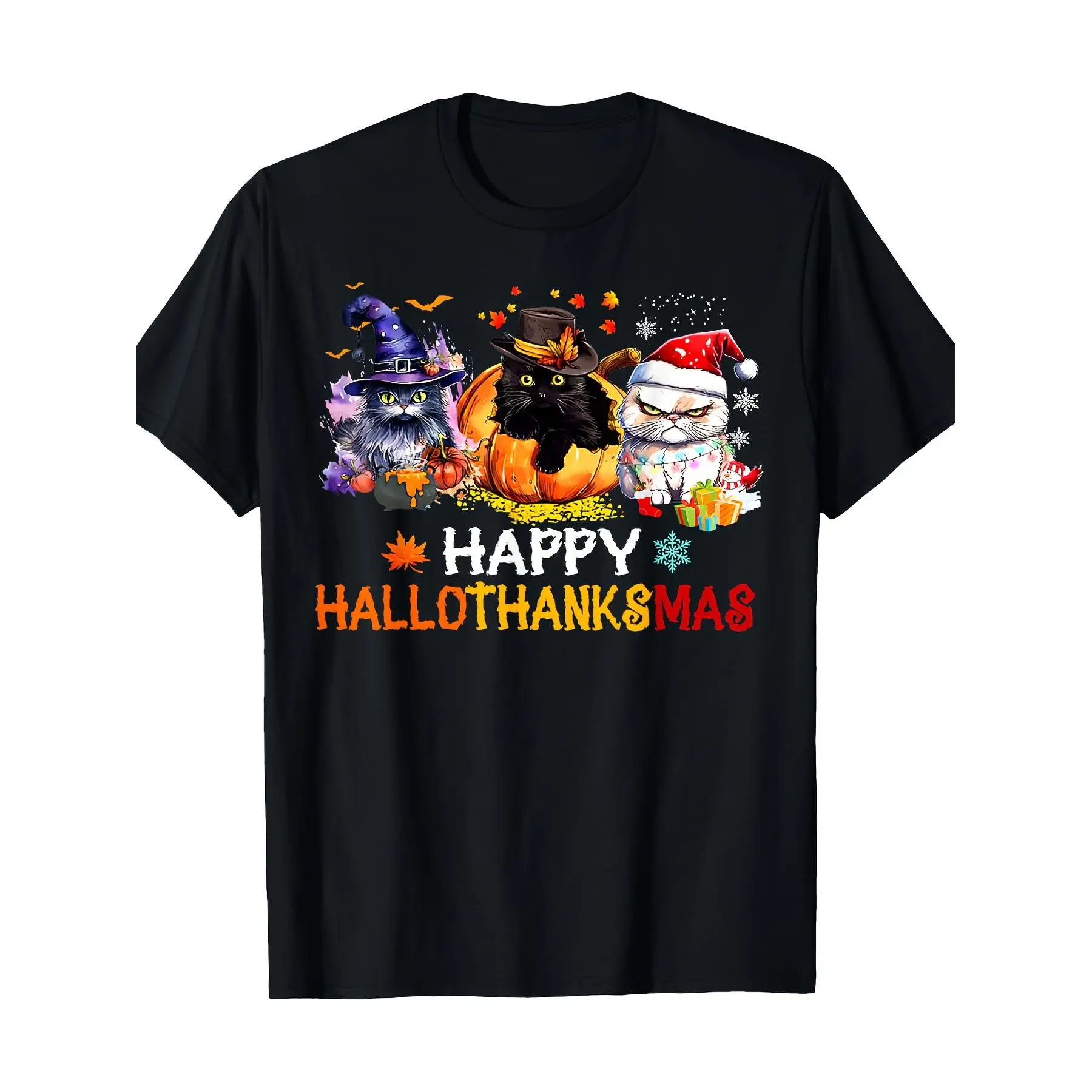 Mens T-shirt 220g 100% Cotton - Cat Lover Halloween Merry Christmas Happy Hallo Thanksmas T-Shirt, Loose Fit Casual Short Sleeve, Machine Washable, All-Season Comfort, Retro T Shirt, Everyday Tee, Classic Style, Comfortable Fit, Printed Tee, Vintage