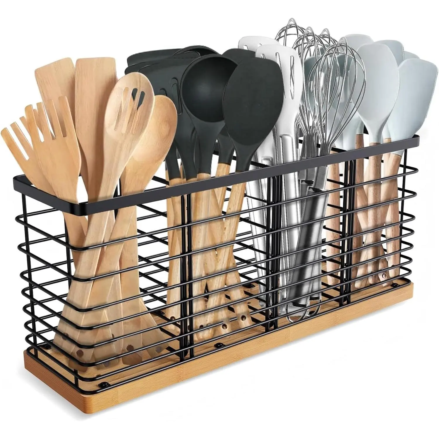Extra Large Kitchen Utensil Holder Countertop with 4 Compartments,Matte Black Metal holder with Wooden Base for Countertop,Farmhouse Utensil Organizer for counter,Rustic Cooking Utensil Organizer