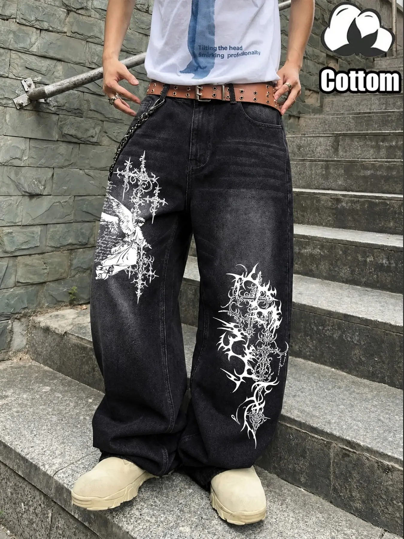Vintage Washed Black Angel Graphic Baggy Jeans, Gothic Tribal Print Wide Leg Denim Pants, Loose Fit Y2K Streetwear Casual Jeans#AngelGraphicJeans #GothicJeans #BaggyJeans #WideLegJeans#GothicStreetwear#Y2KJeans #Y2KStreetwear#WashedBlackJeans#GraphicJeans