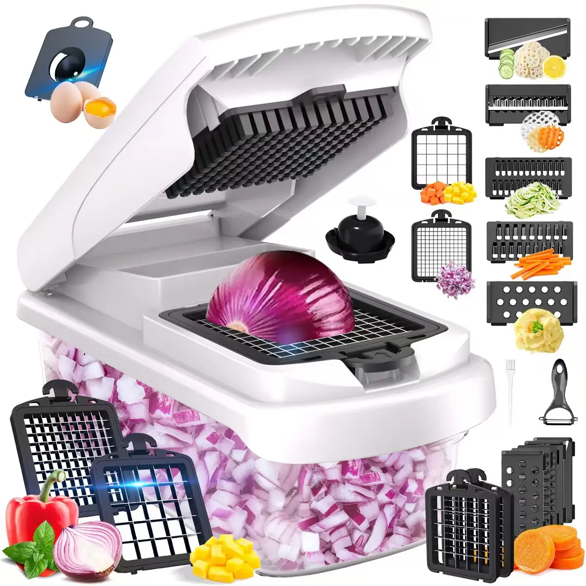 15-in-1 Multifunctional Vegetable Chopper Onion Dicer & Mandoline Slicer, Premium ABS Food Chopper with Container, Veggie Cutter Grater Shredder for Potato Salad, Must-Have Home Kitchen Gadget