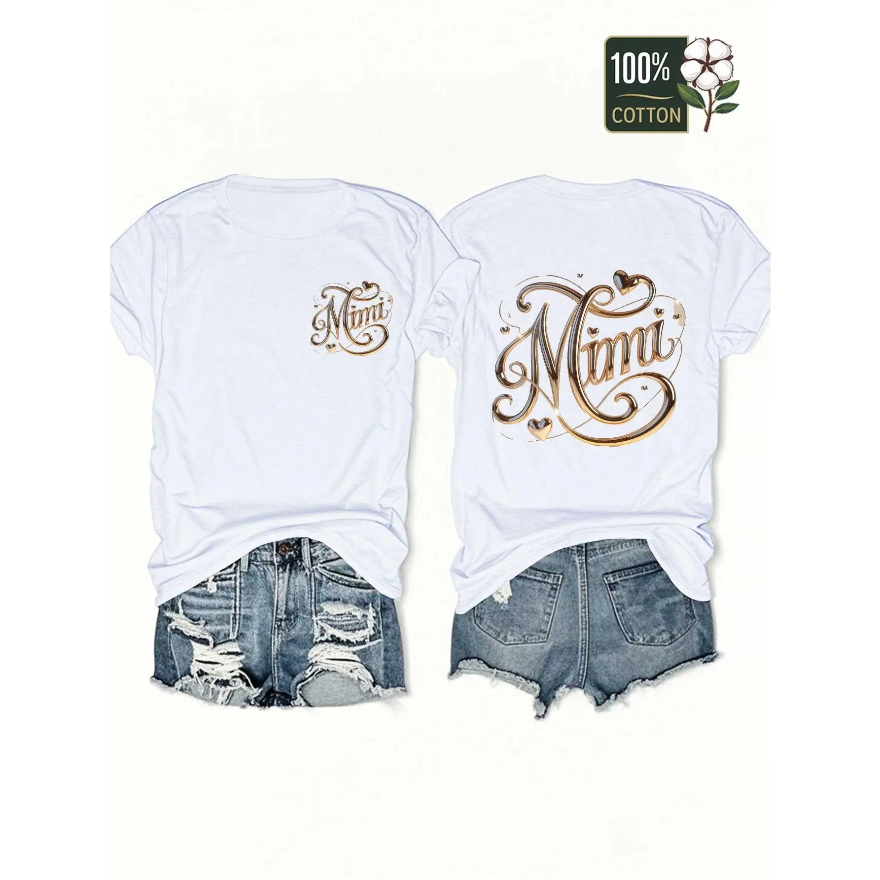 Women's Elegant Solid Color Short-Sleeve Linen T-Shirt - Mimi Metal & Geometric Print, Soft Round Neck, Double-Sided Shiny Gold Cursive Mimi Heart, Foldable, Pure Cotton, Overalls-Compatible, Valentines Day Gift Top, Shortsleeve, Breathable