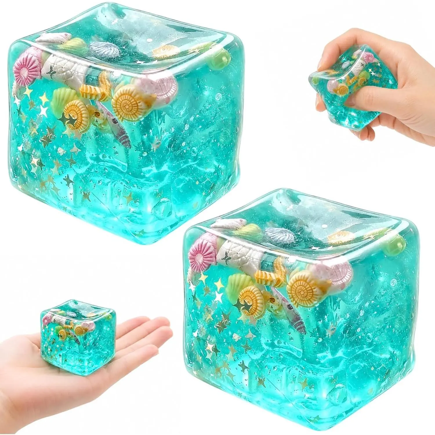 2 Pack 1.77 inches Sensory Items with Real Sea Shells, Ocean Squishy Beach Squishy Fidget Essentials,TPR Material Relaxation Balls for Office and Classroom Focus (Ages 14+)
