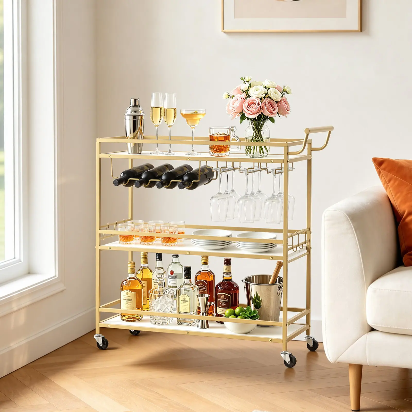 VEVOR Bar Cart, 3 Tiers Home Kitchen Serving Carts, Modern Rolling Utility Station on Wheels, Mobile Drink Beverage Trolley with Wooden Shelf, Wine Rack, and Glass Holder, 35.83x12.99x36.81 in, Gold