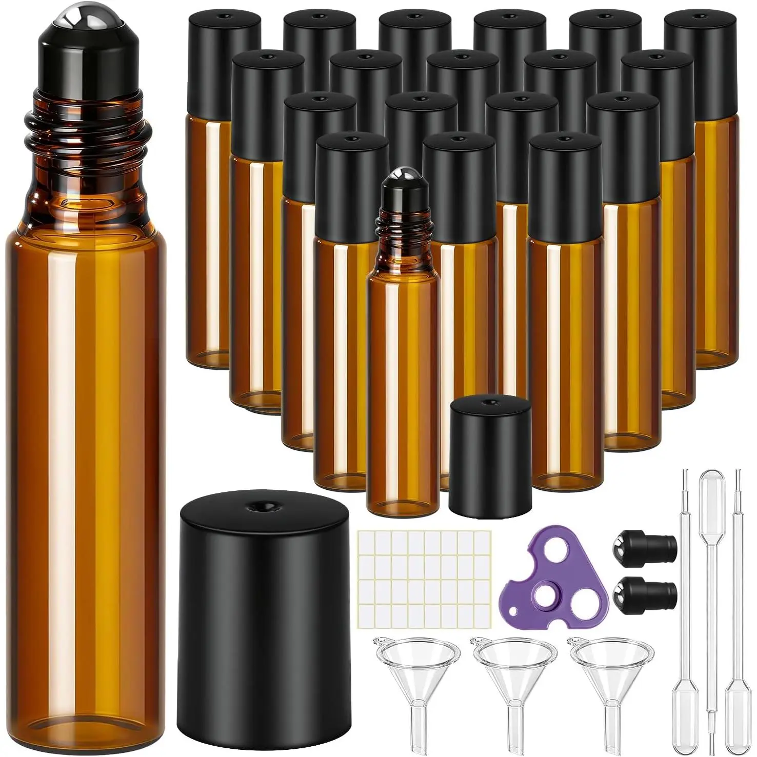 30 count Roller Bottles for Essential Oils, 10ML/0.35OZ 20 count Glass Empty  Roller Ball Applicator with Funnels Labels Dropper Bottle Opener