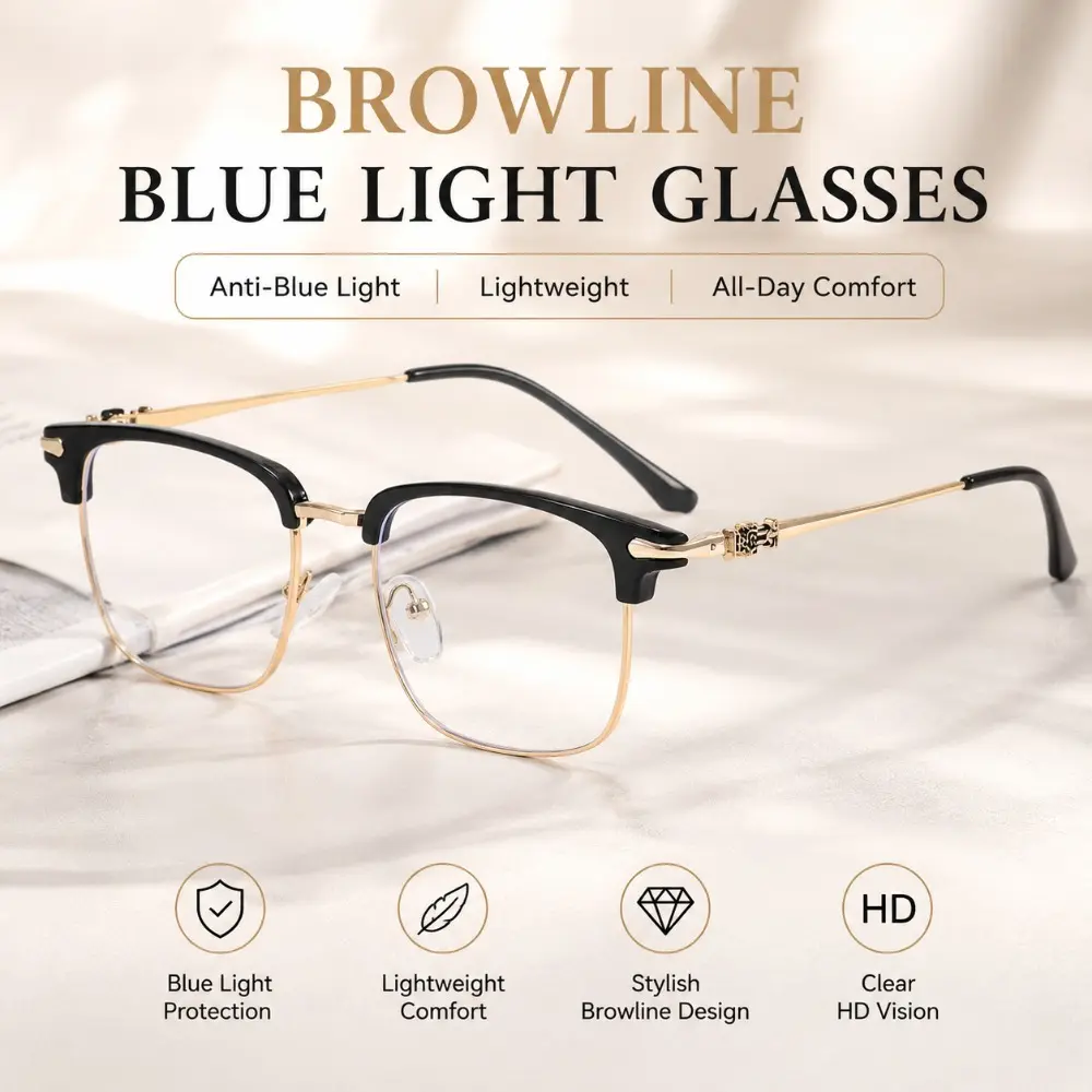 Women's Anti-Blue Light Browline Eyewear Frames - Retro Gold Tortoise Half-Frame, Lightweight Geometric Double Beam, Fashion Daily Wear bioptic telescopic glasses
