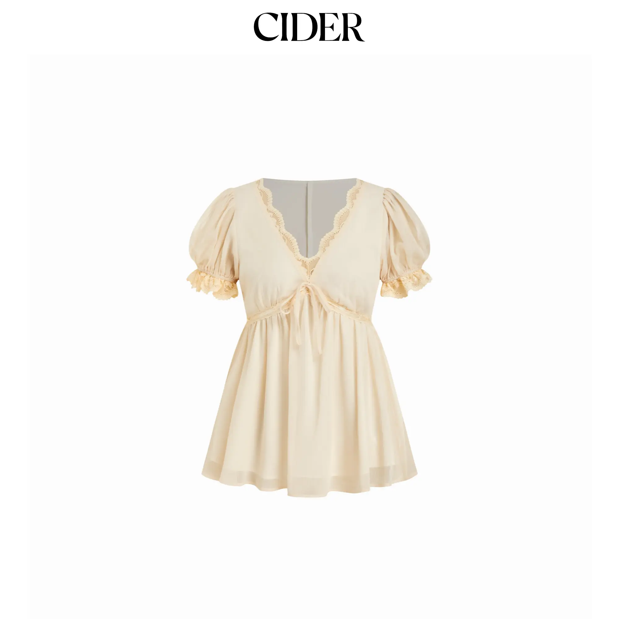 Cider Chiffon V-neck Puff Sleeve Lace Panel Tie Front Peplum Blouse