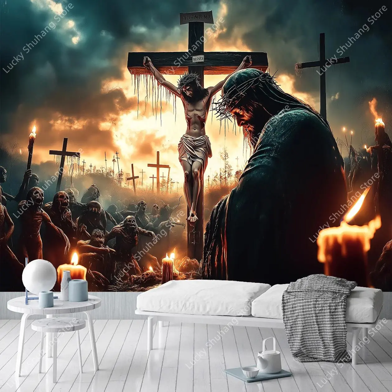 Dark Dramatic Calvary Crucifixion Jesus Christ Religious Tapestry Premium Biblical Wall Art Hanging Bedroom Dormitory Decorate
