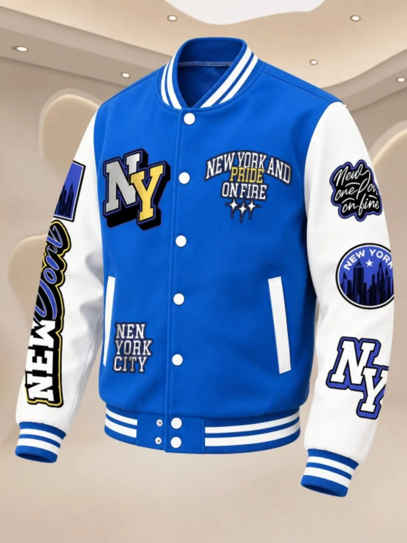 Men's Spring Fall Baseball Jacket Long Sleeve, Blue White Colorblock, Ny Letter Badge Print, American Vintage College Street Style, Single Button Casual Coat