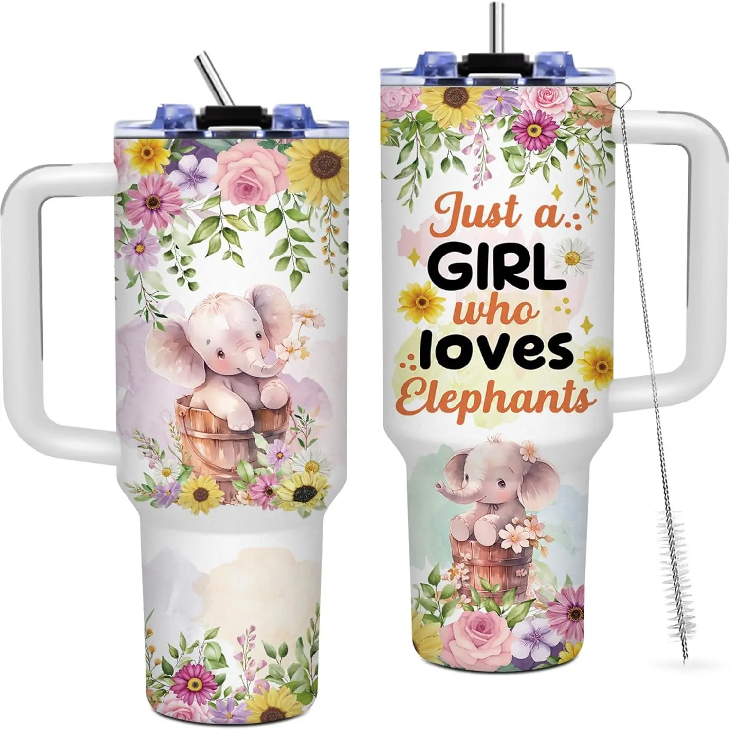 40oz Stainless Steel Insulated Elephant Tumbler (Tumbler Shape) - Vacuum Flask Coffee Mug with Handle, Leak-Proof Lid, Straw, Printed Design - Portable Kitchenware Drinkware Gift Idea for Elephant-Loving Women (Christmas, Birthday)