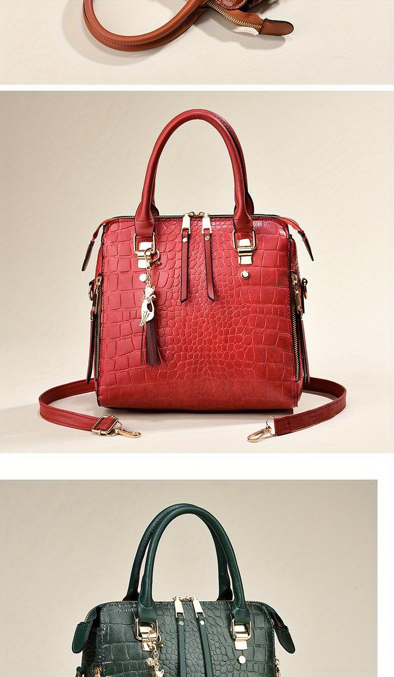 Fashion Crocodile Pattern Women's Handbag 2-piece Set, Women's Shoulder Bag with Tassel Decoration, Metal Cat Pendant Crossbody Bag