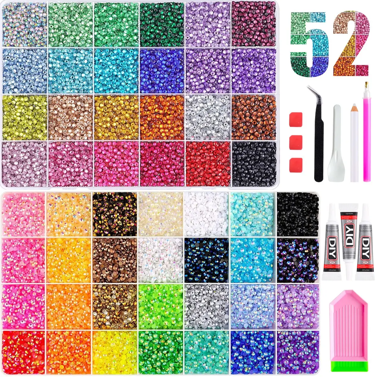 1Set 52 Colors Trending Nail Rhinestones Bedazzling Kit 41500PCS 3D Multi-Colors 3mm Glitter AB Nail Gems Diamond Charms for DIY Jewelry Clothing Nails Art Holiday Gift Ornaments