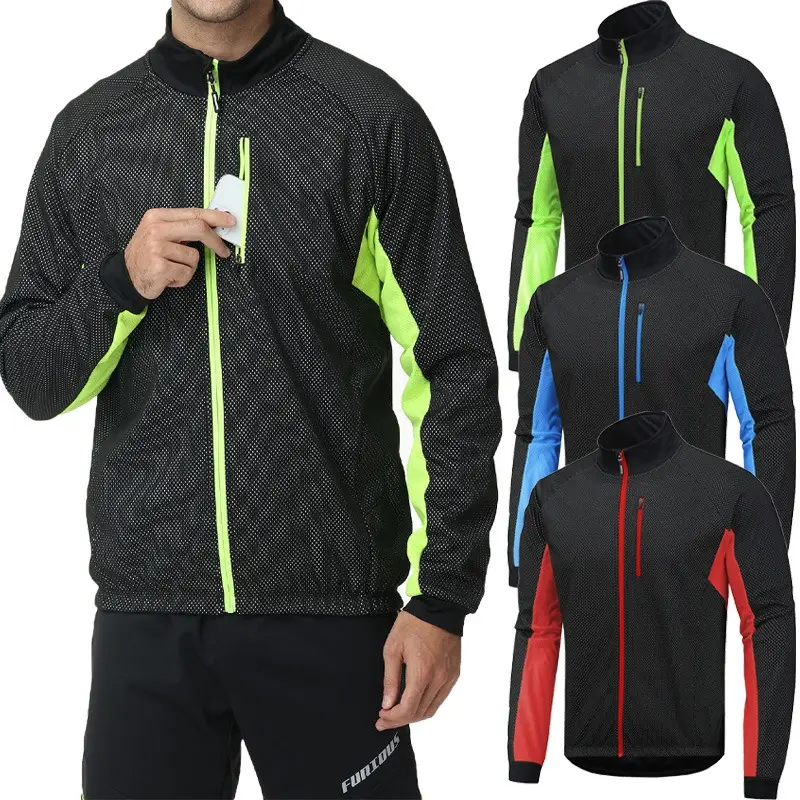 Men Cycling Jacket Thermal Windproof Full Zip Stand Collar Bike Jersey Color Block Long Sleeve MTB Road Bicycle Coat With Back Pocket For Autumn Winter Riding
