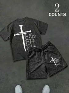 Men's 2-Piece Set Vintage Cross Scripture Print Short Sleeve T-Shirt & Shorts, Street Style Loose Fit Casual