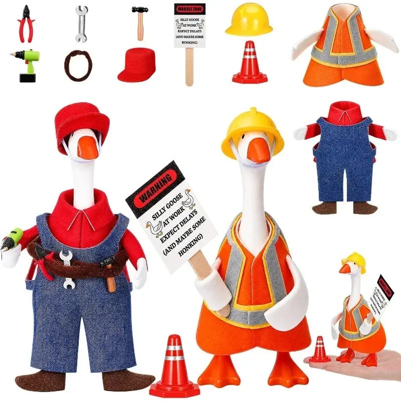 7-Inch Desktop Goose Plumbing & Construction Set, Includes Drill Wrench Pliers Sign Clothing, Fun Art Decor, Party Supplies Kit